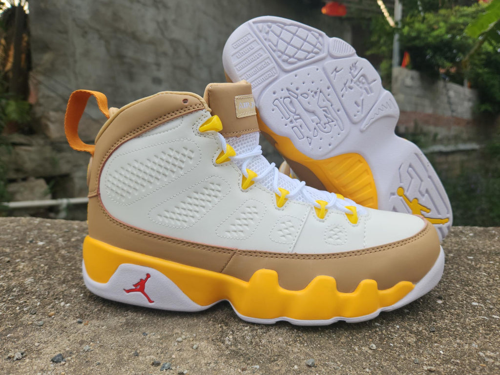 Air Jordan High-Top Sneakers - White & Tan with Yellow Accents