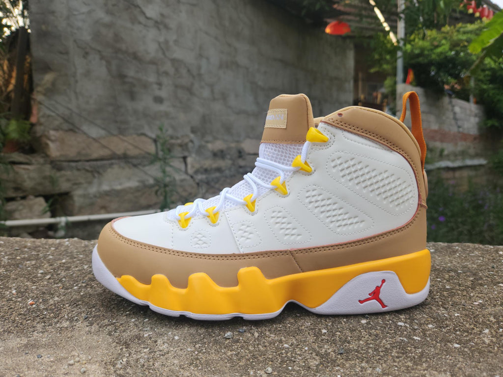 Air Jordan High-Top Sneakers - White & Tan with Yellow Accents