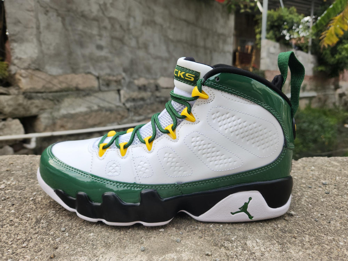 Air Jordan High-Top Sneakers - White & Green with Yellow Accents