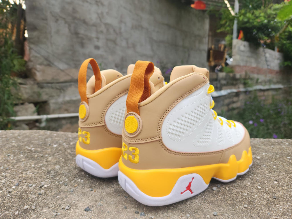 Air Jordan High-Top Sneakers - White & Tan with Yellow Accents