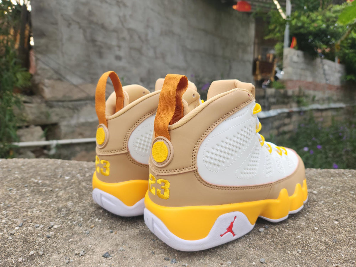 Air Jordan High-Top Sneakers - White & Tan with Yellow Accents